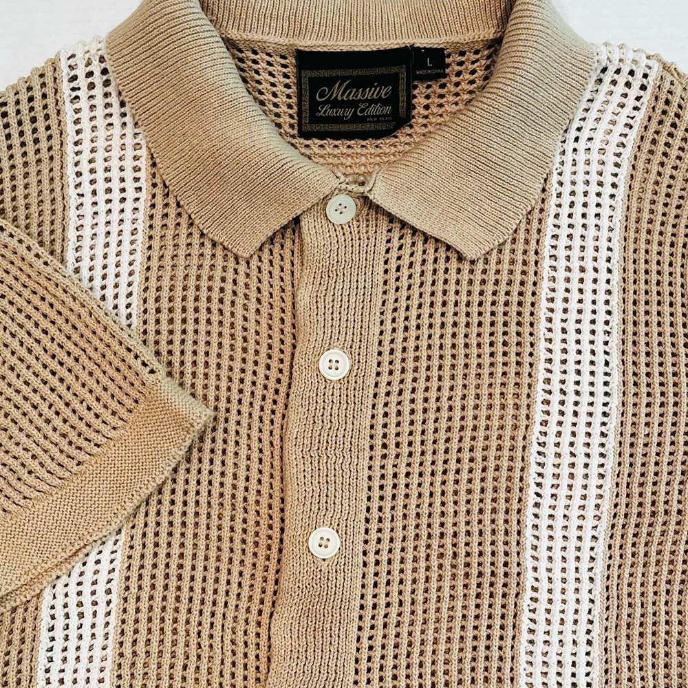 Massive Luxury Edition Knit Sweater Men's Large Tan Ivory Cotton‎ Button Up NWOT